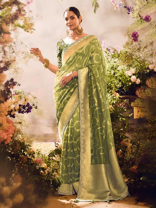 Mehendi banarasi tissue saree with rich zari work
