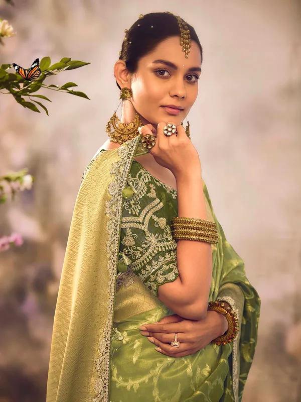 Mehendi banarasi tissue saree with rich zari work