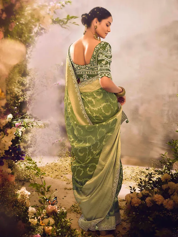 Mehendi banarasi tissue saree with rich zari work