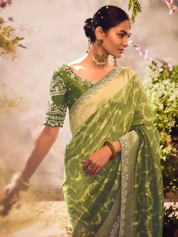 Mehendi banarasi tissue saree with rich zari work