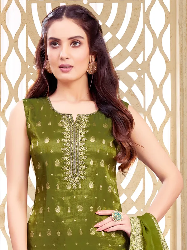 Mehendi color silk salwar suit with dupatta