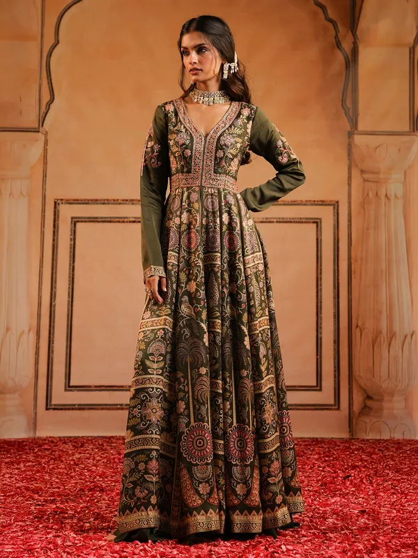 Mehendi green anarkali suit with print