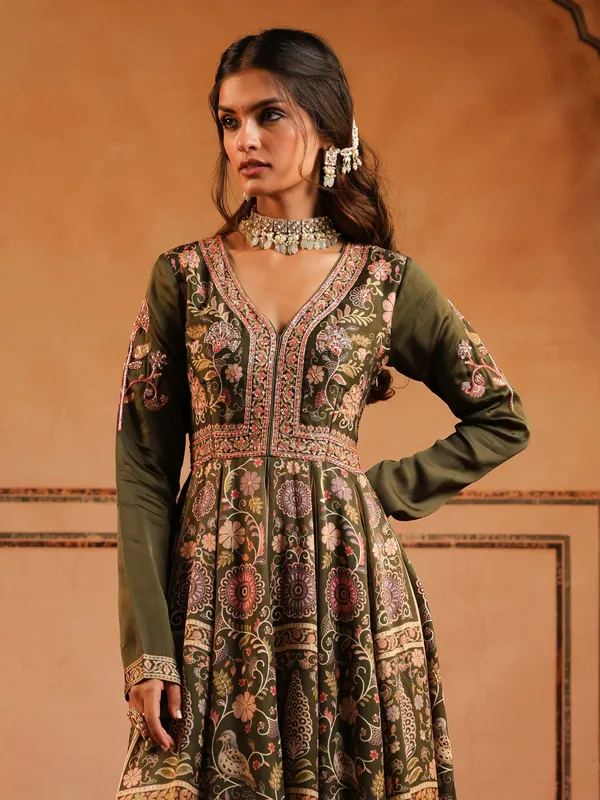 Mehendi green anarkali suit with print