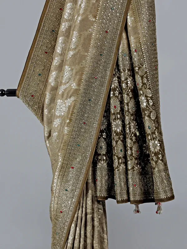 Mehendi green banarasi silk stone work saree