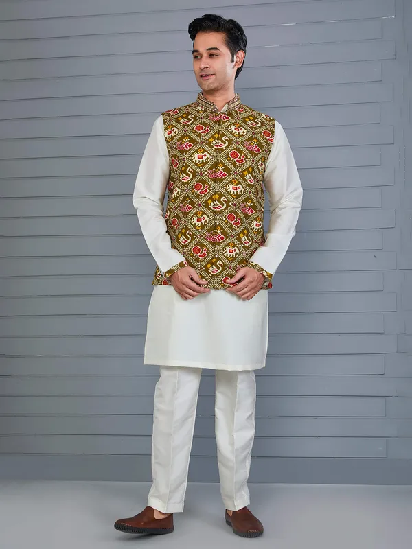 Mehendi green bandhej printed viscose silk waistcoat set