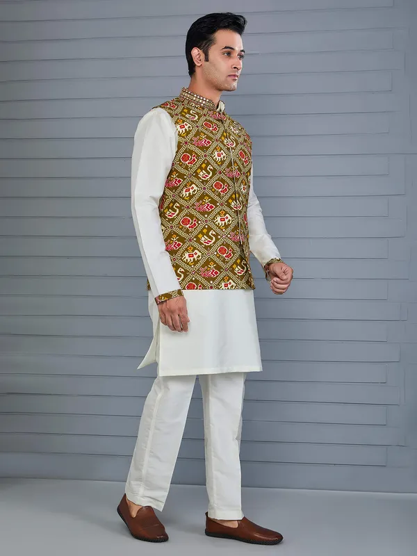 Mehendi green bandhej printed viscose silk waistcoat set