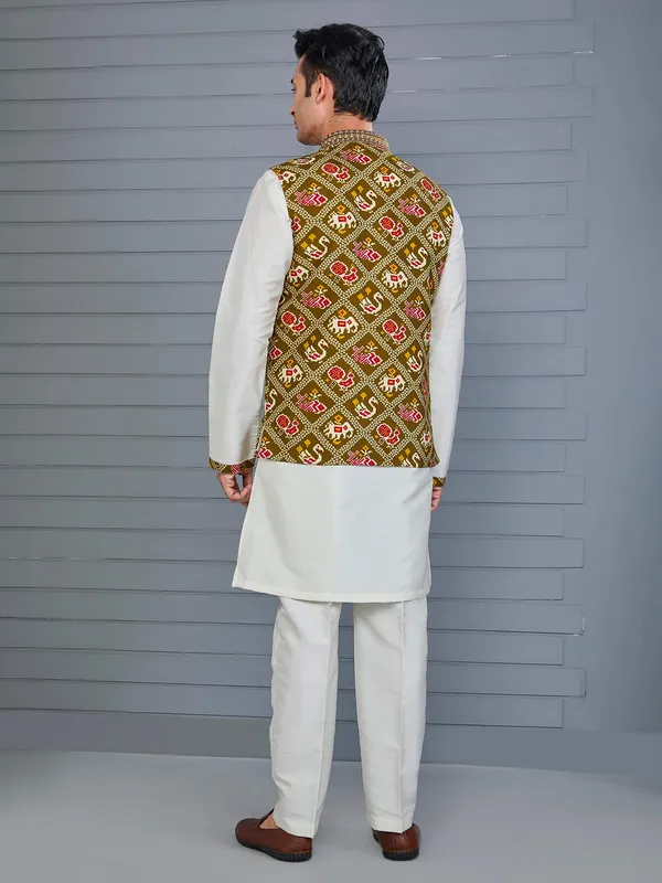 Mehendi green bandhej printed viscose silk waistcoat set