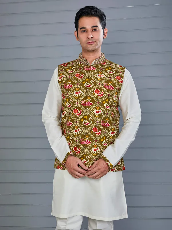 Mehendi green bandhej printed viscose silk waistcoat set