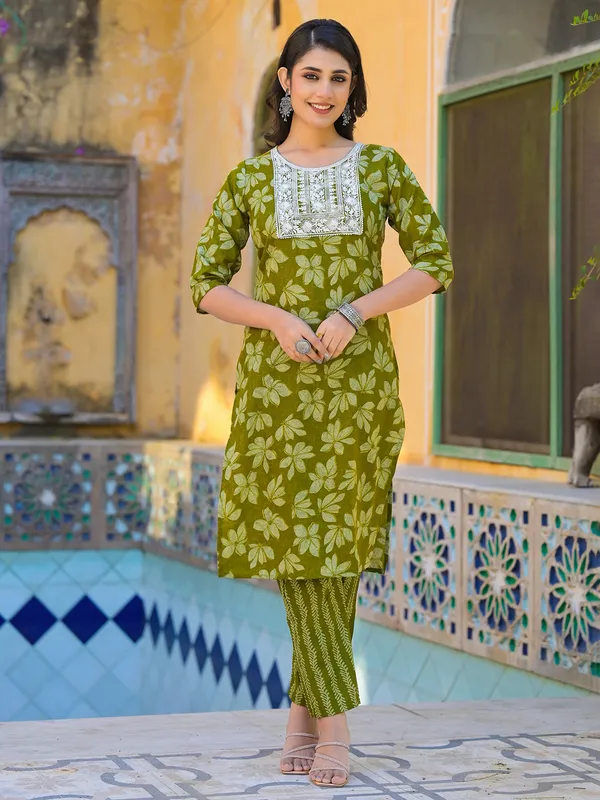 Mehendi green cotton kurti set