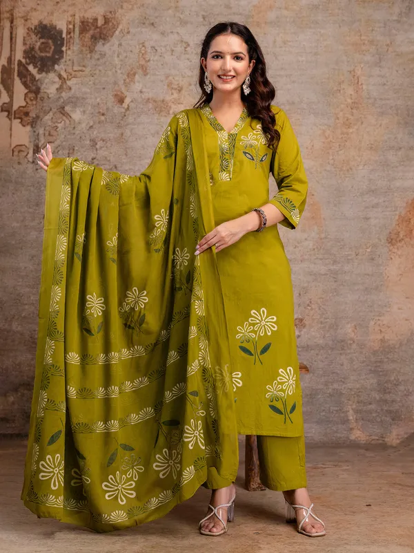 Mehendi green cotton silk printed kurti set