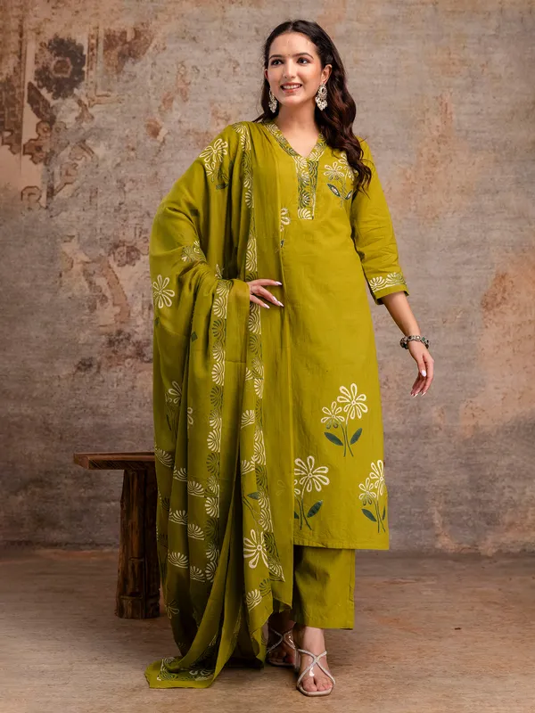 Mehendi green cotton silk printed kurti set