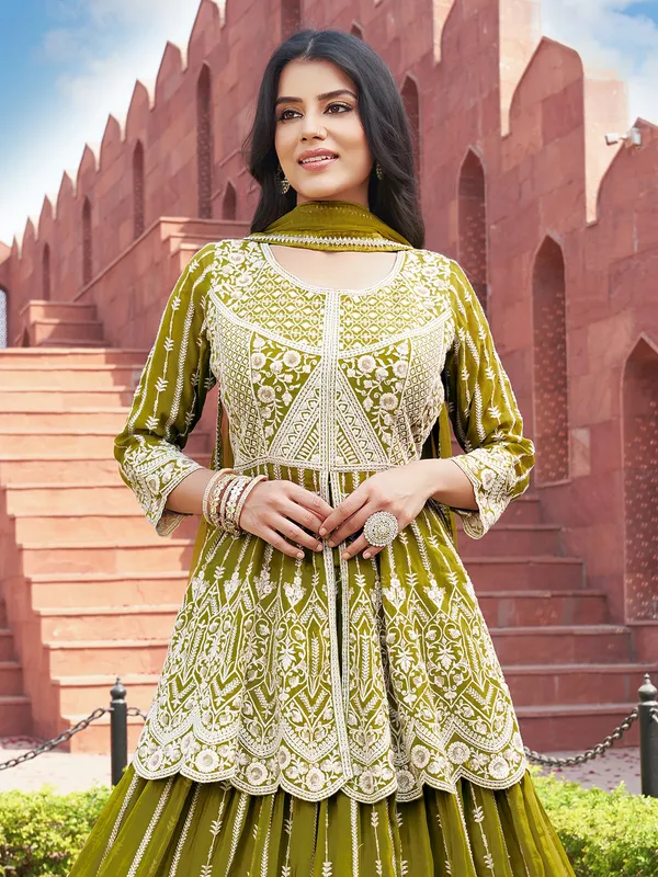 Mehendi green embroidered georgette lehenga suit