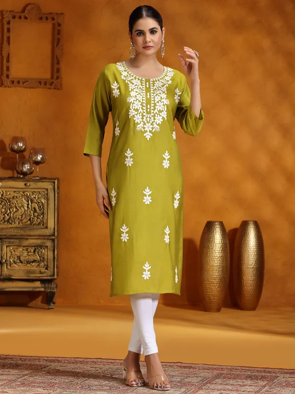 Mehendi green embroidery kurti in cotton silk