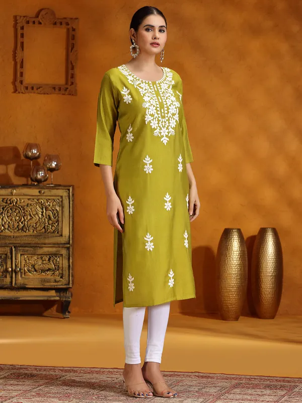 Mehendi green embroidery kurti in cotton silk