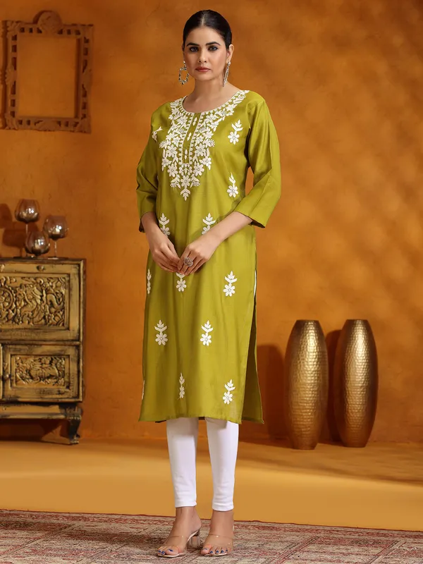 Mehendi green embroidery kurti in cotton silk