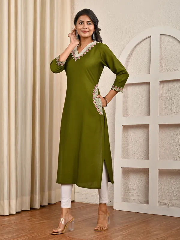 Mehendi green embroidery work cotton silk kurti