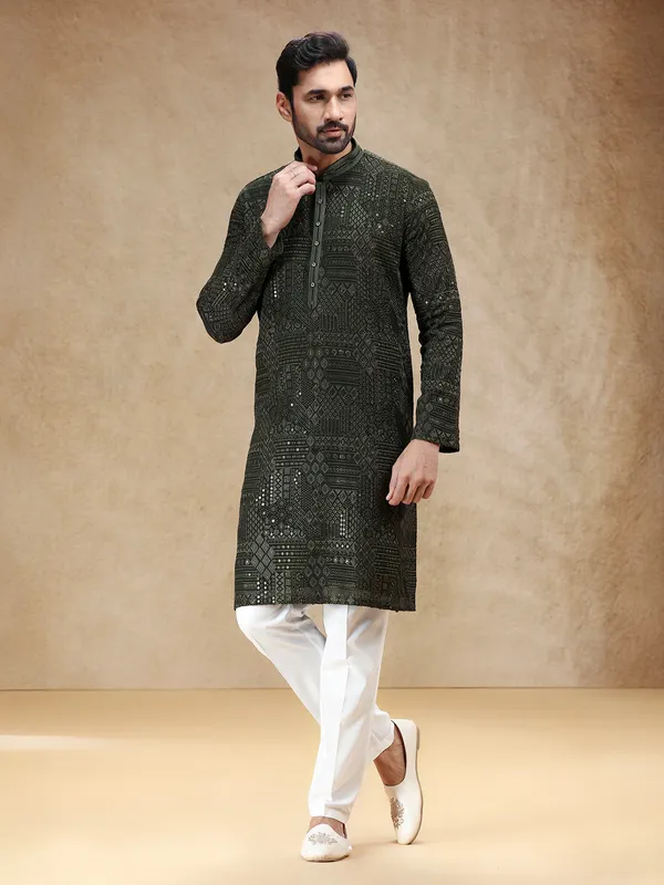 Mehendi green georgette kurta pajama with resham work