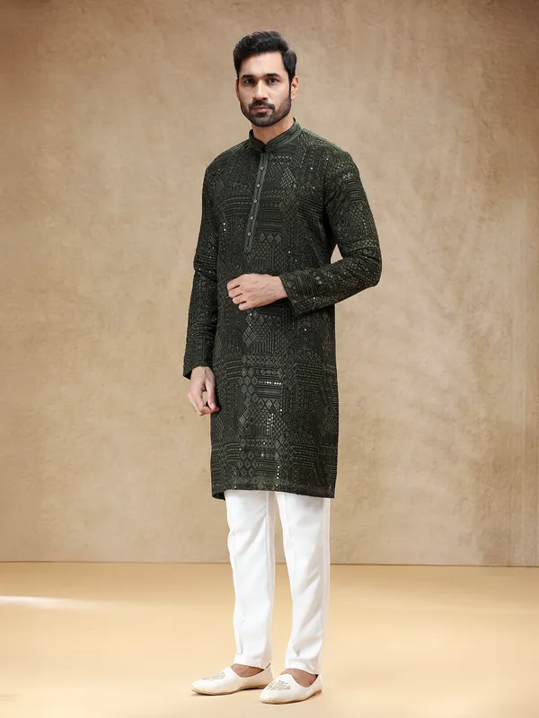 Mehendi green georgette kurta pajama with resham work