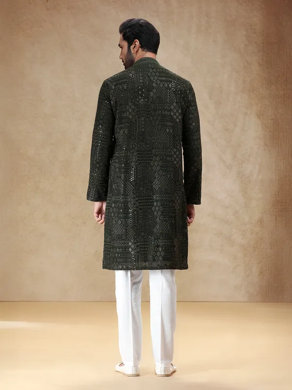 Mehendi green georgette kurta pajama with resham work