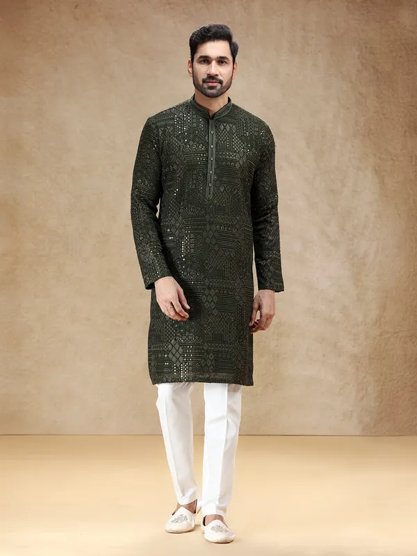 Mehendi green georgette kurta pajama with resham work