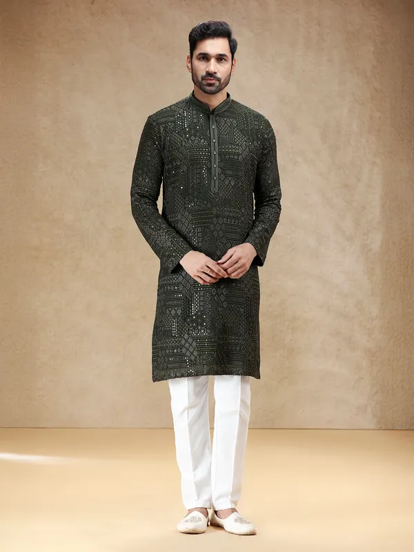 Mehendi green georgette kurta pajama with resham work