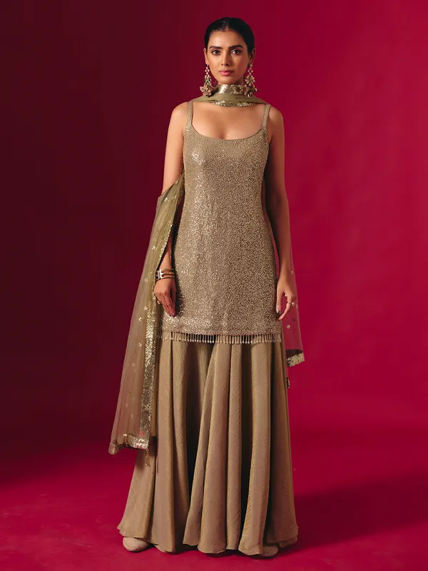 Mehendi green georgette sequinned palazzo suit