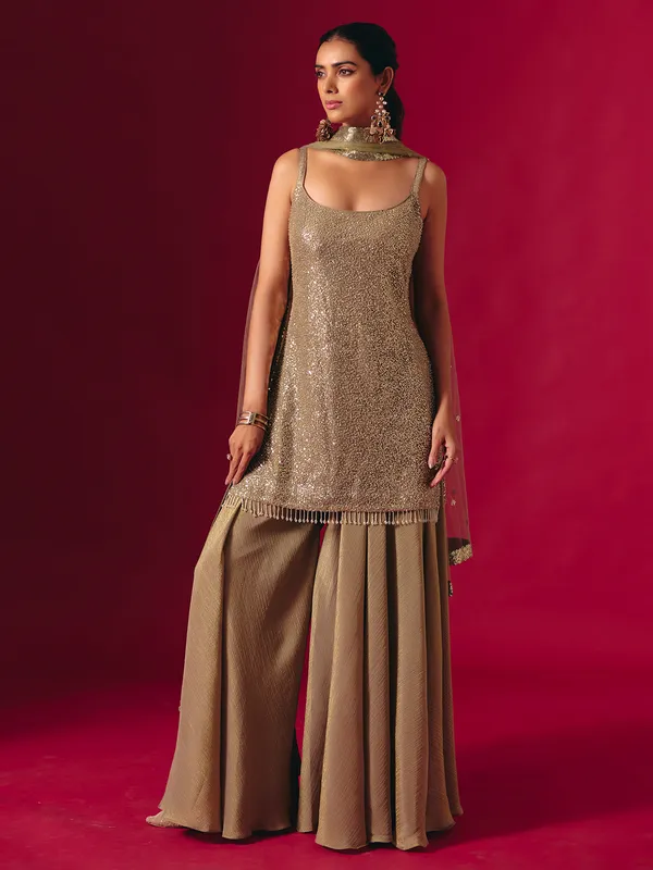 Mehendi green georgette sequinned palazzo suit