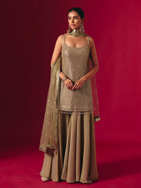 Mehendi green georgette sequinned palazzo suit