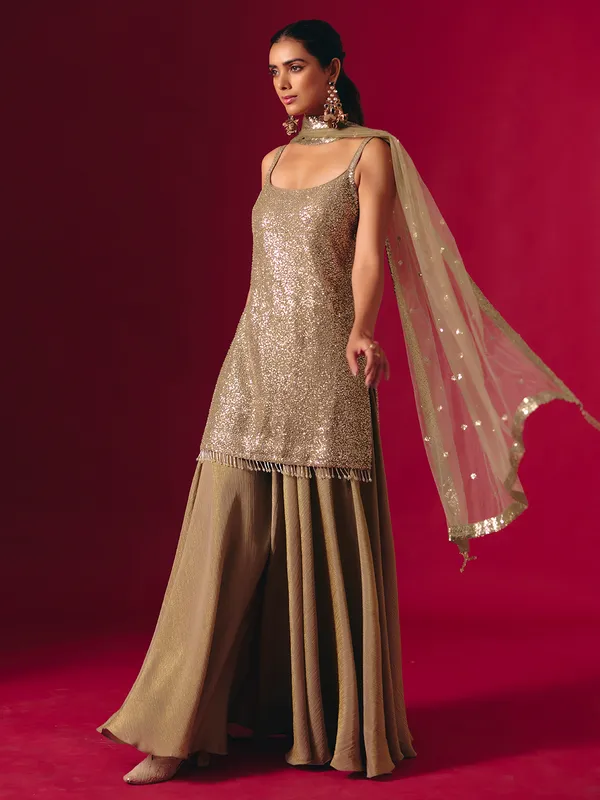 Mehendi green georgette sequinned palazzo suit