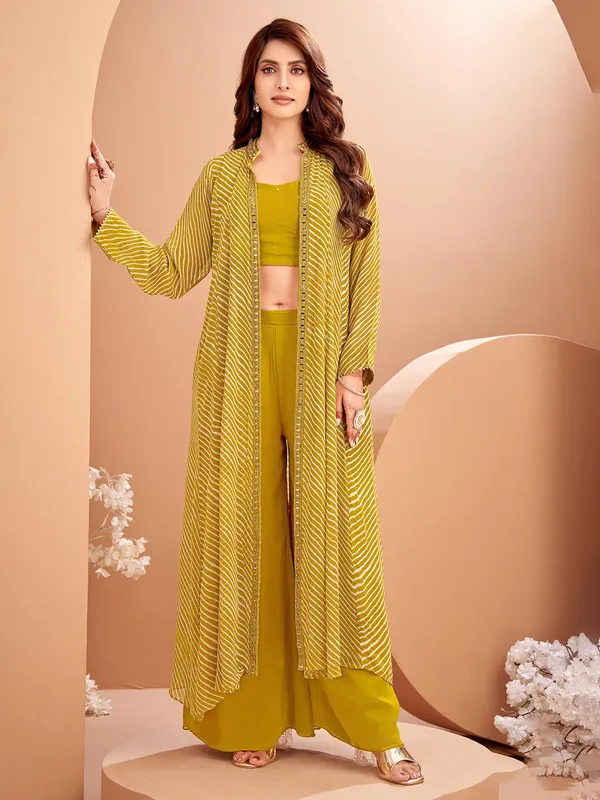 Mehendi green jacket style palazzo suit in georgette