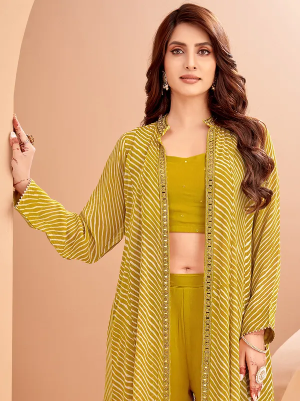 Mehendi green jacket style palazzo suit in georgette
