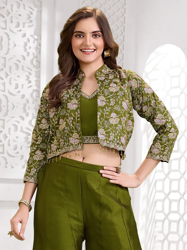Mehendi green jacket style silk palazzo ensemble