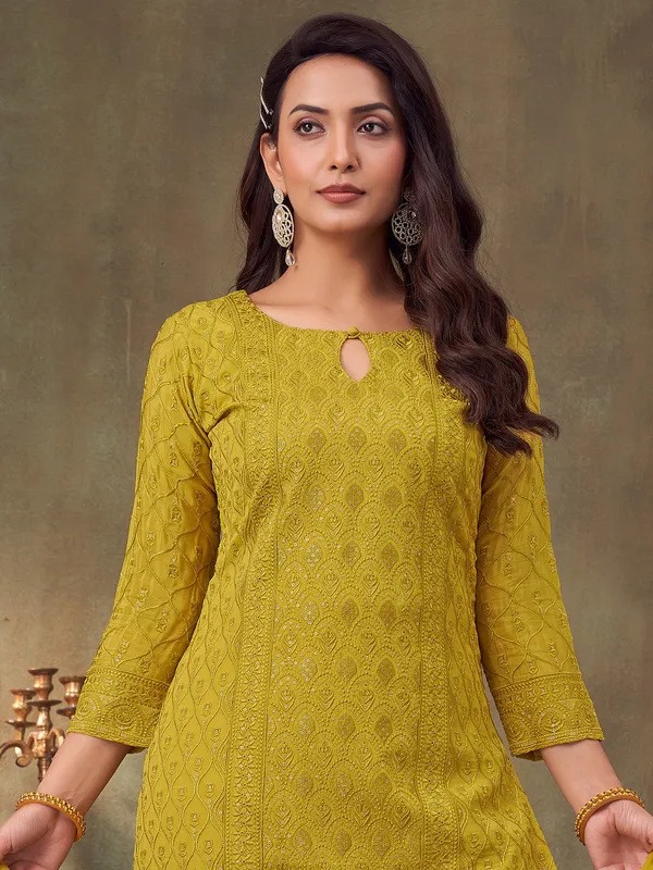 Mehendi green pakistani palazzo suit with keyhole neck
