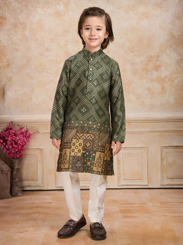 Mehendi green printed cotton silk kurta suit