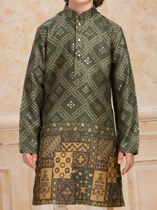 Mehendi green printed cotton silk kurta suit