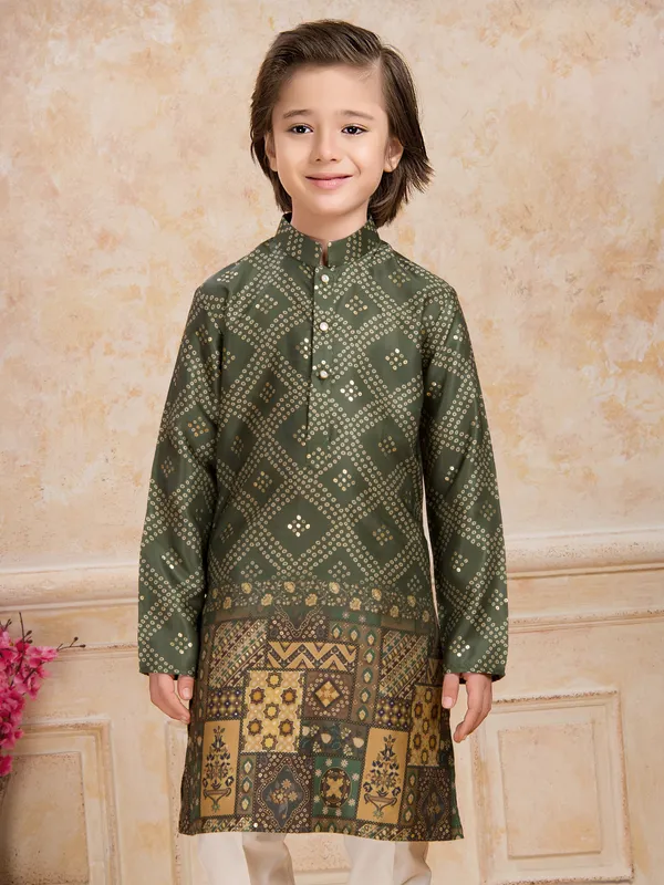 Mehendi green printed cotton silk kurta suit