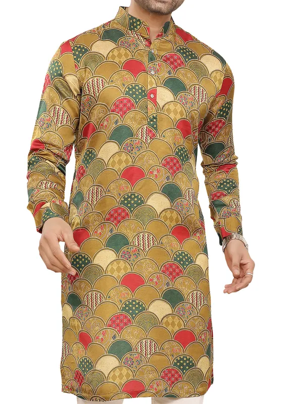 Mehendi green printed mens kurta