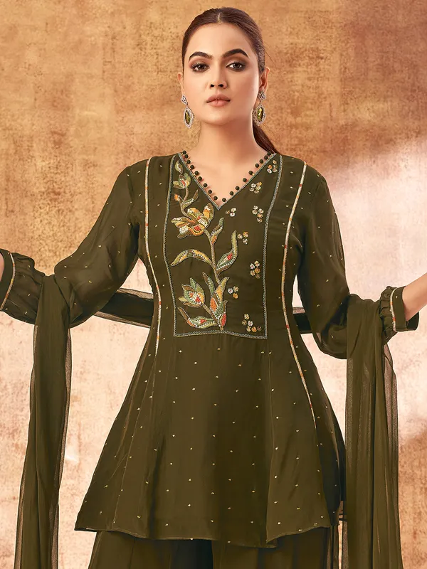 Mehendi green printed palazzo suit in soft georgette