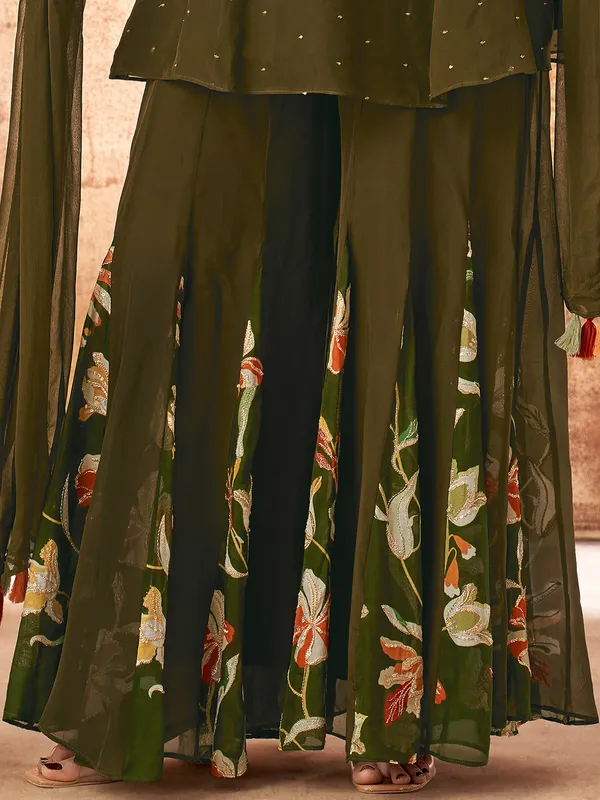 Mehendi green printed palazzo suit in soft georgette