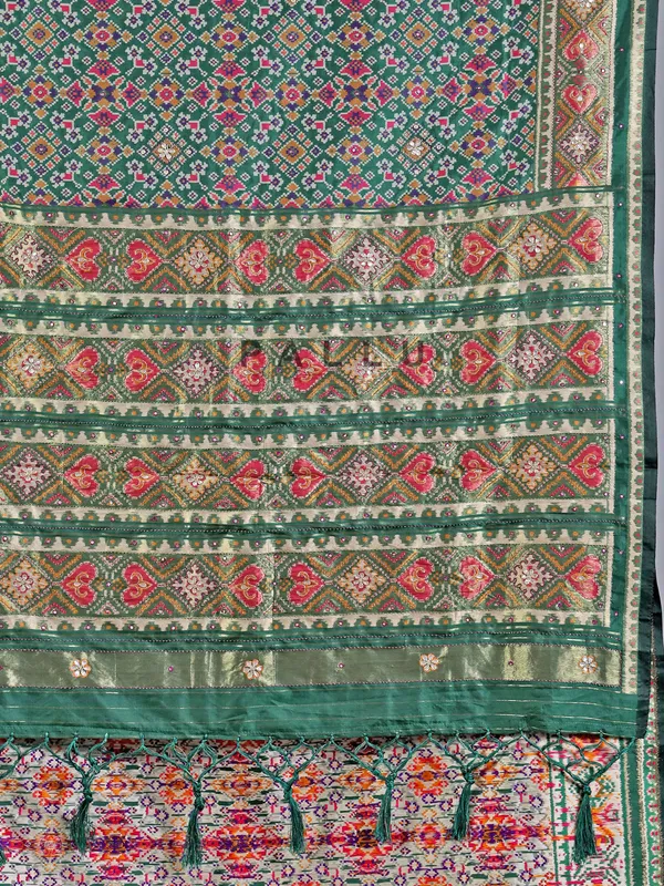 Mehendi green printed saree with traditional embellishments