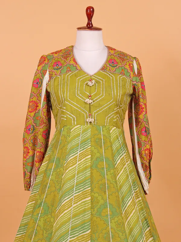 Mehendi green printed silk floor length suit