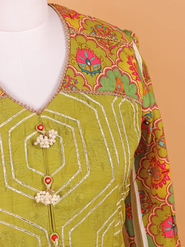 Mehendi green printed silk floor length suit