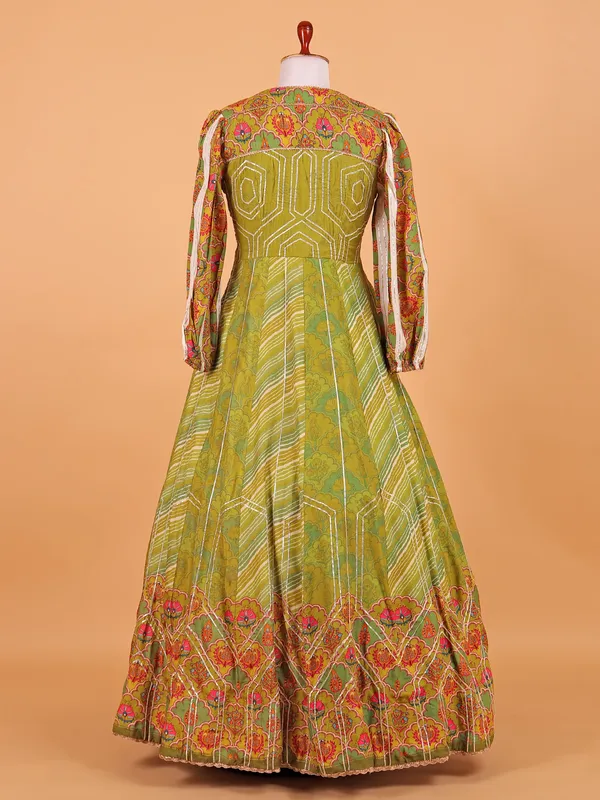 Mehendi green printed silk floor length suit