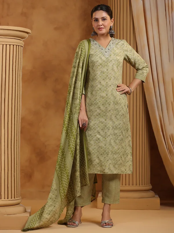 Mehendi green printed silk kurti set