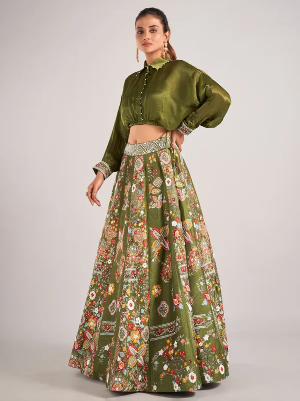 Mehendi green printed silk lehenga choli