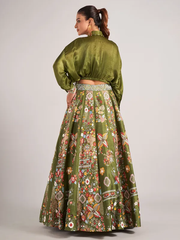 Mehendi green printed silk lehenga choli