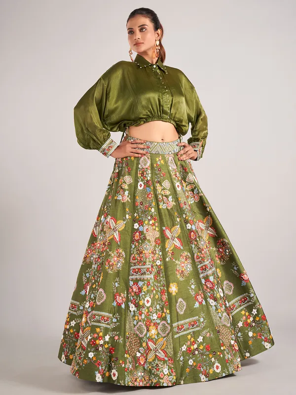 Mehendi green printed silk lehenga choli