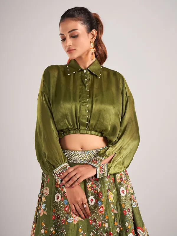 Mehendi green printed silk lehenga choli