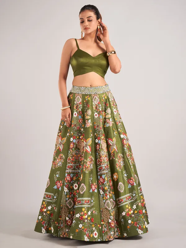 Mehendi green printed silk lehenga choli