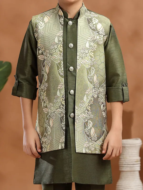 Mehendi green raw silk printed waistcoat set for boys